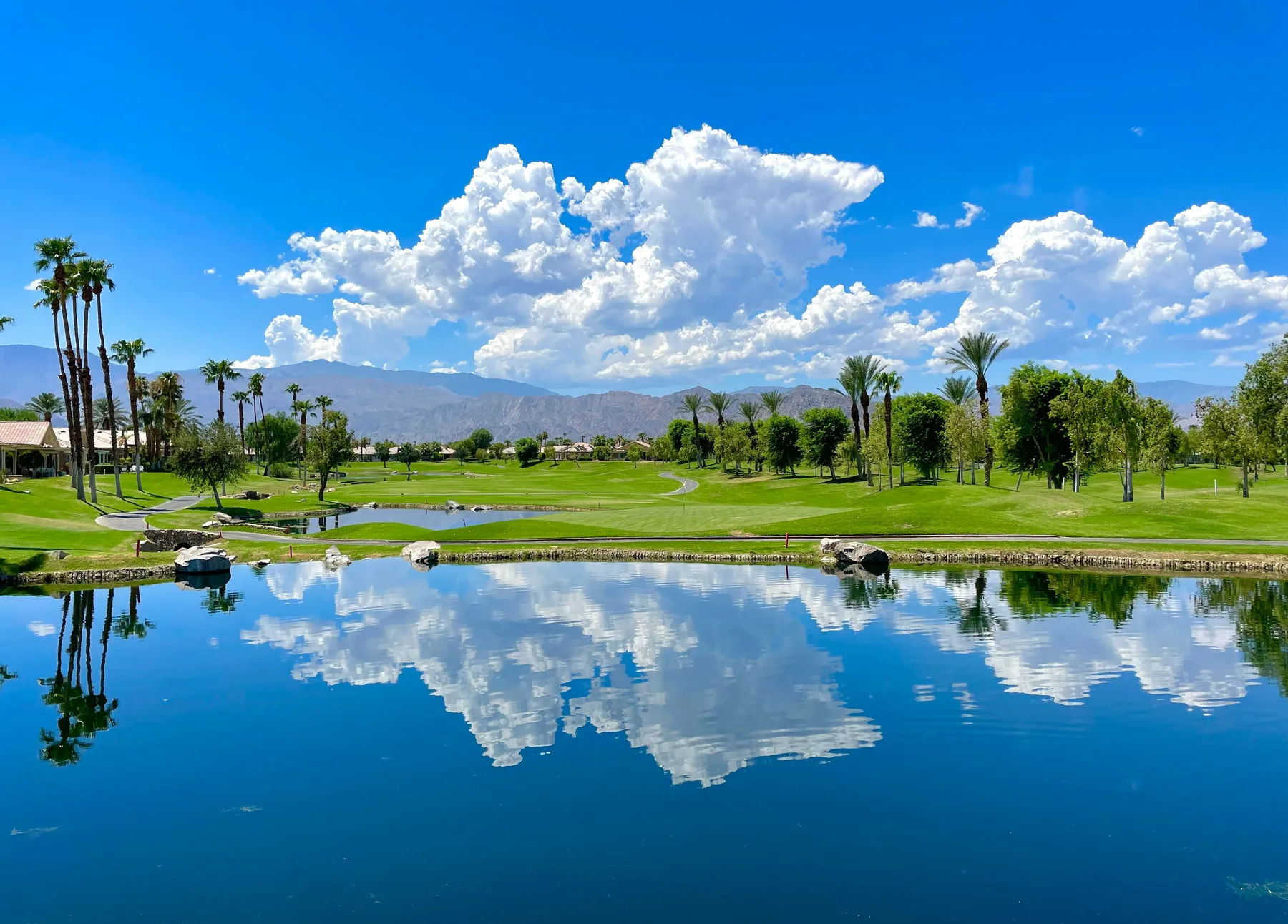 A golf course reflected in a pond